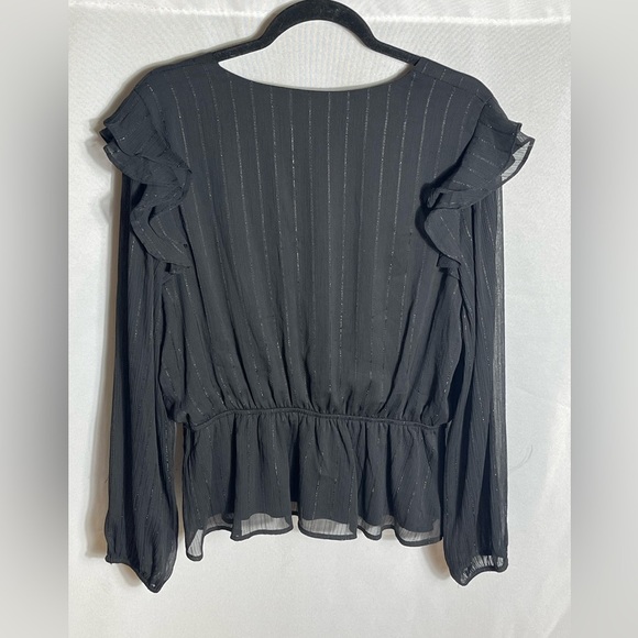 Simply Vera Vera Wang Black Sheer Metallic Stripe Ruffle Blouse Size L - Picture 7 of 7